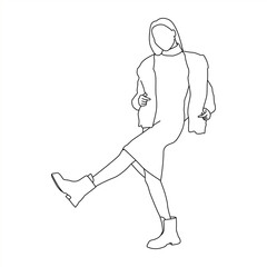 Line Art of Fashionable Woman Kicking in Dress and Boots, Outline Drawing of a Stylish Female Figure with Dynamic Pose