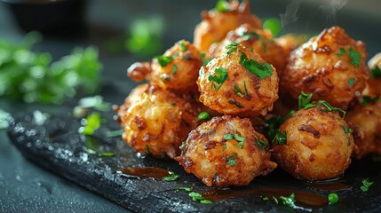 Delicious crispy fried chicken bites garnished with fresh herbs and served on a dark rustic slate platter for appetizer or snack, close-up shot