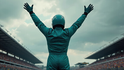 Obraz premium Motorsports driver celebrates victory in Winners circle. Winner raises arms in triumph. Sportsman rejoices after achieving success in race. Racing competition, formula one grand prix event.