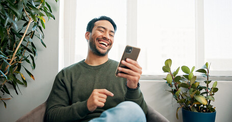 Office, waiting and man with smartphone, medical appointment and smile with social media. Person,...