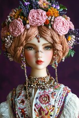 portrait of a doll with braided hair adorned by a floral crown, beaded jewelry, and embroidered traditional clothing, evoking delicate beauty and cultural elegance