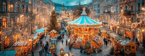 Festive market scene with carousel and lights.