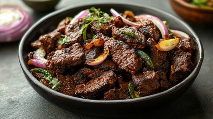 Hearty savory beef stir-fry with colorful vegetables including onions and peppers served in a black bowl on a rustic surface perfect for family meals