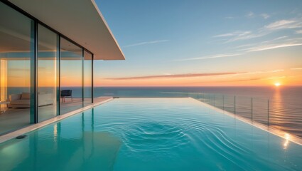 Fototapeta premium Open pool area of a modern architectural home featuring full-height that create a seamless indoor-outdoor experience with high-fidelity design elements for ultimate luxury