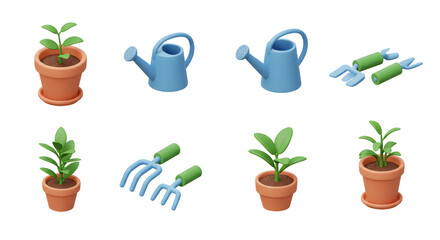 Gardening Tools and Potted Plants Isolated on White Background Illustration