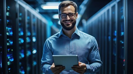 Confident IT professional smiling in server room with tablet for data analysis