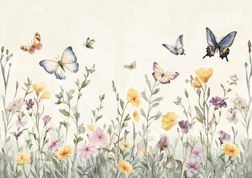 Pastel wildflowers and butterflies in a soft watercolor style