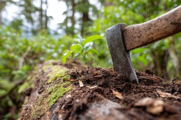 An axe embedded in a mossy log, wood chips scattered around, suggesting recent chopping in a lush forest.