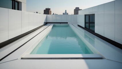 Fototapeta premium Stunning rooftop pool designed within a modern city residence offering a unique and luxurious outdoor space perfect for sunbathing and relaxation in an urban setting