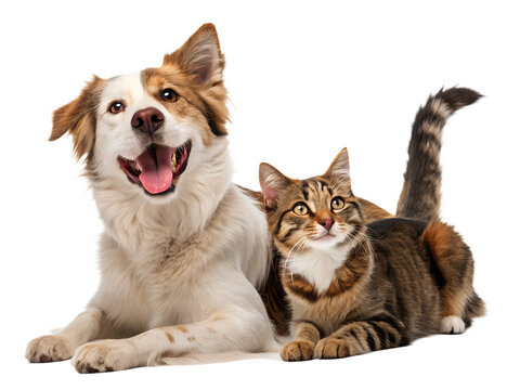  Cat and Dog sitting together on a white background, isolated, looking cute and friendly ai generated