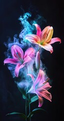 Vibrant pink lilies, smoke, surreal