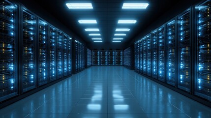 Fototapeta premium Ultra quality image of high-tech data fortress with symmetrical rows of illuminated servers in a sleek, glowing blue environment, highlighting advanced computing power.