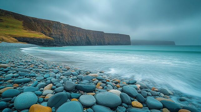 Coastal scene with dramatic cliffs, a pebble beach, and a turquoise sea under a cloudy sky
