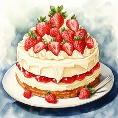 Delicious Creamy Strawberry Cake with Fresh Strawberries on Top