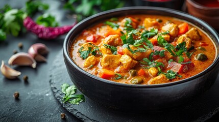 Delicious traditional Indian chicken curry with vibrant spices fresh herbs served in a black bowl on dark textured surface