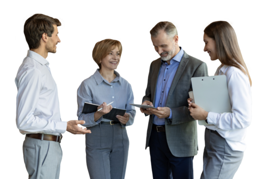 Successful businesspeople working with digital tablet discussing strategy and business plan on a transparent background