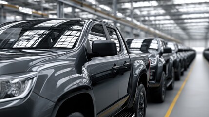 New pickup trucks on assembly line, in modern car factory, ready for distribution.