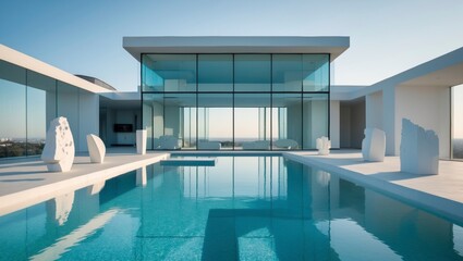 Fototapeta premium Stunning futuristic modern home featuring a beautiful pool surrounded by minimalist architecture and sleek lines, perfect for luxury living and contemporary design enthusiasts