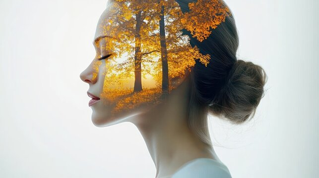 profile of a serene woman with eyes closed and autumn trees overlaid on her face in a double exposure style evoking calm and introspection - Powered by Adobe