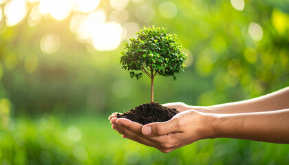 Person gently holds small tree with rich soil in their hands, symbolizing care for nature and environment. This evokes sense of hope and responsibility towards eco friendly practices