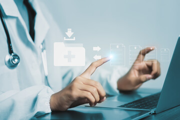 Digital healthcare technology and online medical record system with document workflow, treatment planning, insurance, data visualization, and modern health information management interface