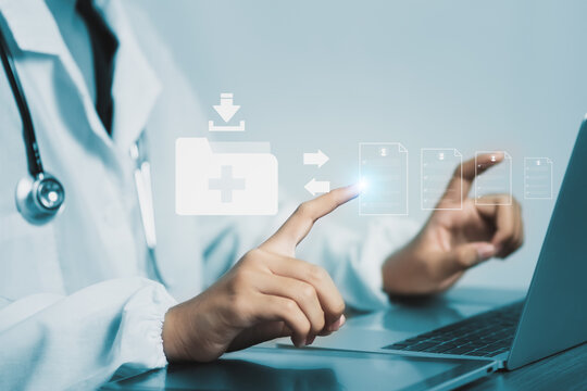 Digital healthcare technology and online medical record system with document workflow, treatment planning, insurance, data visualization, and modern health information management interface