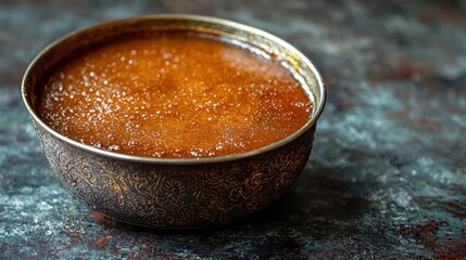 Traditional Indian sweet dessert made of caramelized sugar and flavored with spices served in an ornate metal bowl on rustic surface