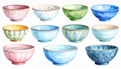 Collection of ceramic bowls in various colors and designs, showcasing intricate patterns and textures that evoke sense of artistry and charm. Perfect for decorative or functional use