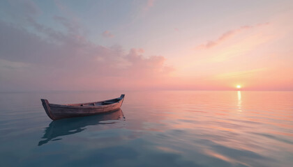 Fototapeta premium Small boat floats on calm sea at sunset. Peaceful scenery depicts sun setting over horizon reflecting on water. Tranquil mood for vacation holidays relax, romantic theme.