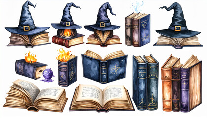 Magical books with witch hats, flames, and mystical elements create enchanting scene. This watercolor illustration captures essence of witchcraft and fantasy, perfect for creative projects