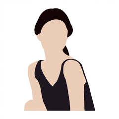 Flat Vector of Woman with Dark Ponytail in Black V-Neck Top, Simple Female Illustration with Solid Colors and Pulled-Back Hair