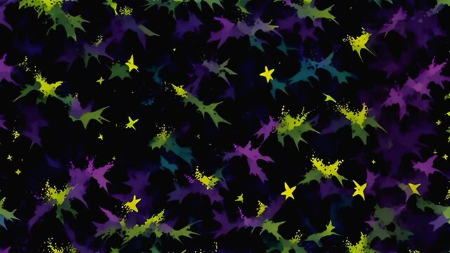 Halloween pattern of stars and splotches in purple and green on black background seamless loop video