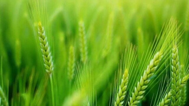 Aerial view on green wheat field in countryside. Field of wheat blowing in the wind like green sea. Young and green Spikelets. Ears of barley crop in nature. Agronomy, industry and food production.