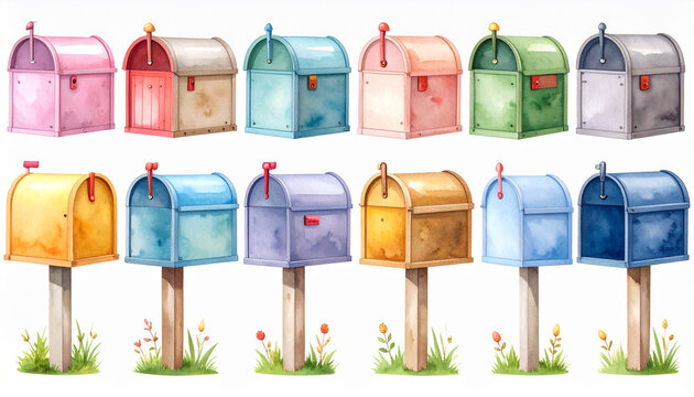 Colorful collection of watercolor mailboxes in various shades, showcasing whimsical and cheerful design. Each mailbox is uniquely styled, adding charm to any setting
