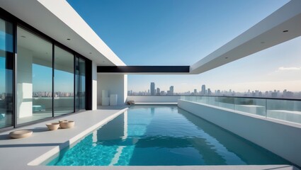 Obraz premium Contemporary pool area at a sleek modern home with expansive glass facade showcasing a beautifully designed swimming pool perfect for summer gatherings and family fun