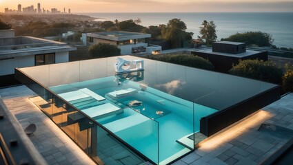 Fototapeta premium Luxurious modern home featuring a rooftop pool and floor-to-ceiling overlooking breathtaking views of surrounding nature creating a perfect retreat for relaxation