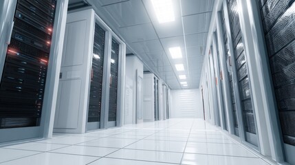 Obraz premium Ultra quality image of server room designed with a focus on visual harmony and clean lines.