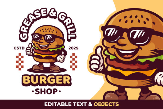 Cheese Burger Retro Mascot Logo for Hamburger Shop and Cafe. Cartoon Character Vector Illustration in Vintage Style
