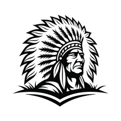 Monochrome Portrait of Native American Chief in Feather Headdress on White Backdrop