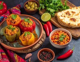 Vegan and vegetarian stuffed peppers with rice, corn grits, vegetables and herbs , healthy eating concept