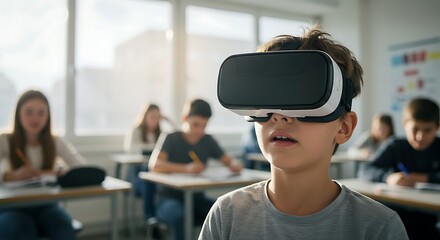 A curious boy wearing a vr headset explores virtual learning in a modern classroom setting.