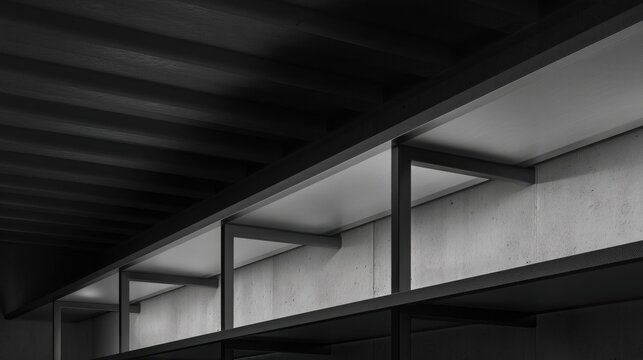Monochrome image showcases a sleek, minimalist shelf system integrated into a dark ceiling.  Clean lines and subtle lighting highlight the contrast between materials