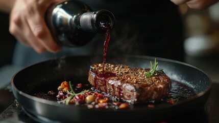 Sizzling steak in pan, deglazed with red wine, garnished with herbs and berries