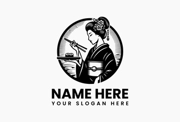 Traditional Japanese geisha with striped kimono offering sushi plate clean vector logo on white. Asian culinary branding