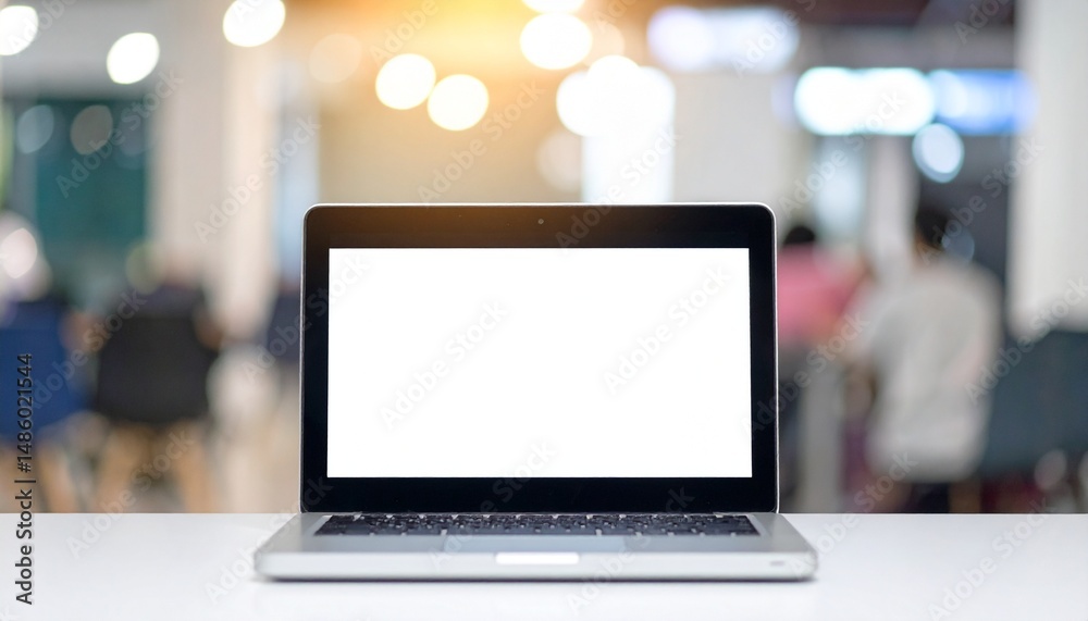 Poster laptop mockup template at an office - monitor, tablet and computer screen - application design, web 