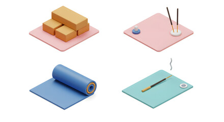 Isometric Yoga and Relaxation Scene with Mat, Blocks, and Incense