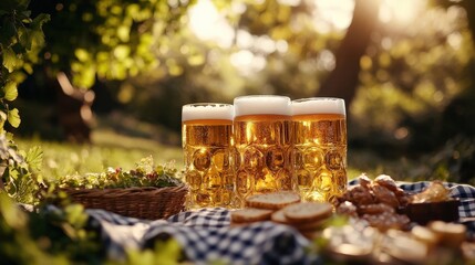 Refreshing Beer Glasses in the Sunlit Garden with Snacks Nearby