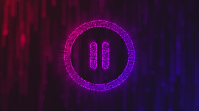 A futuristic digital glowing pause symbol with neon effects on a dark, abstract background.