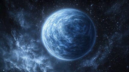A stunning blue planet surrounded by cosmic clouds in outer space. Discover the beauty of our universe with this captivating image.