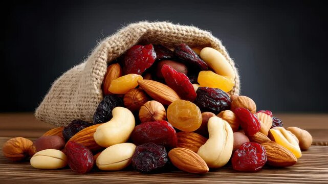Assorted Nuts and Dried Fruits in a Rustic Jute Bag on Wooden Table